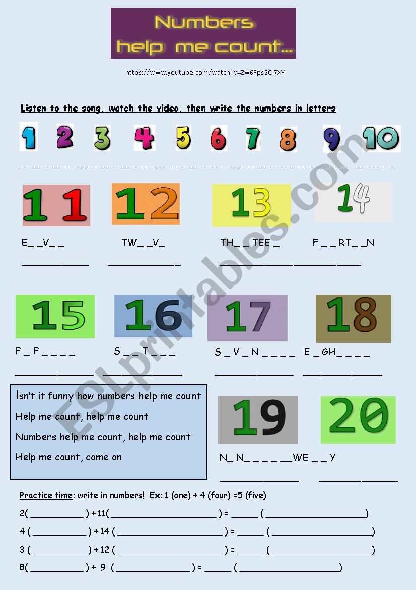 Numbers from 1 to 20 song esl worksheet by frotea