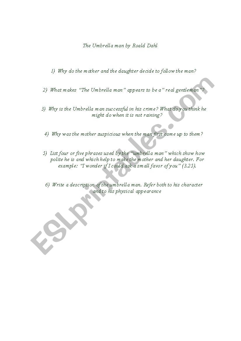 The Umbrella mann worksheet