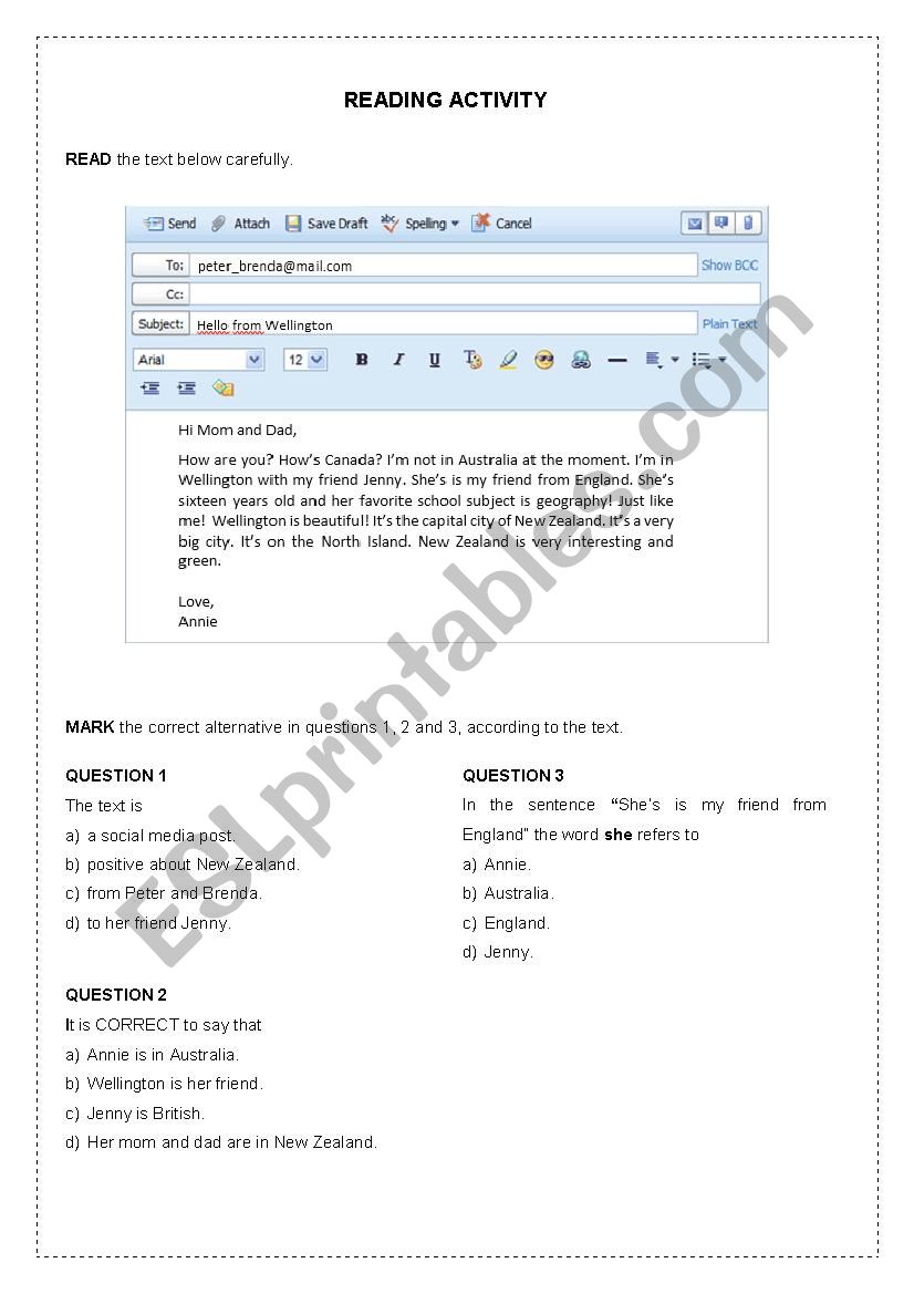 READING AN EMAIL worksheet
