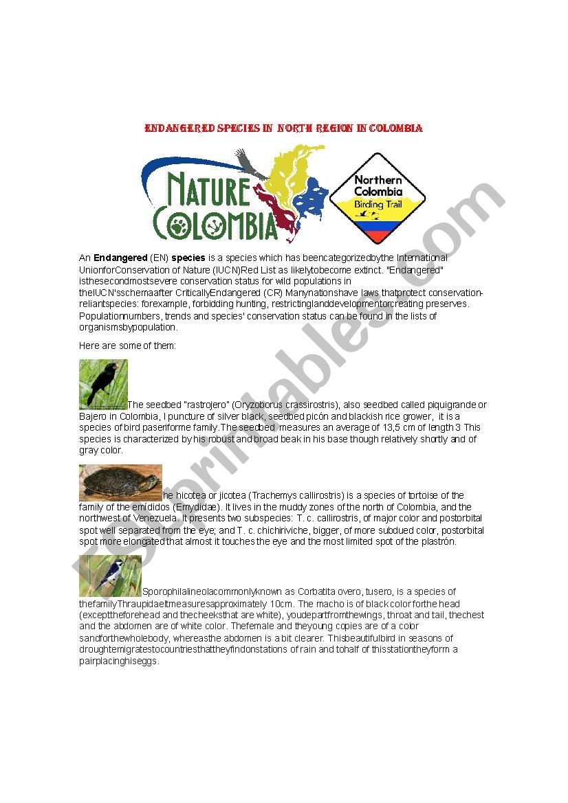 Endangered Species Colombia worksheet
