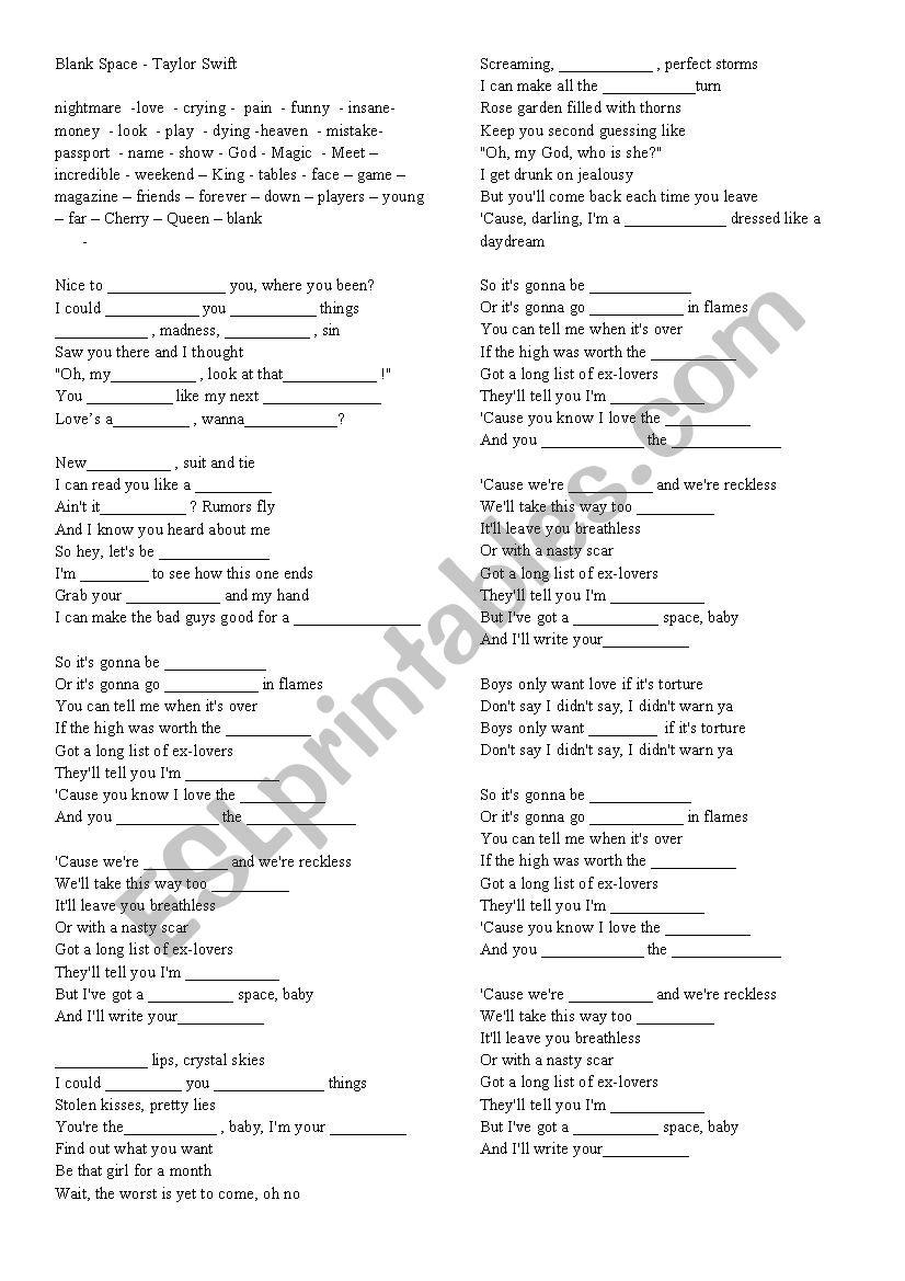 Music class - taylor swift worksheet