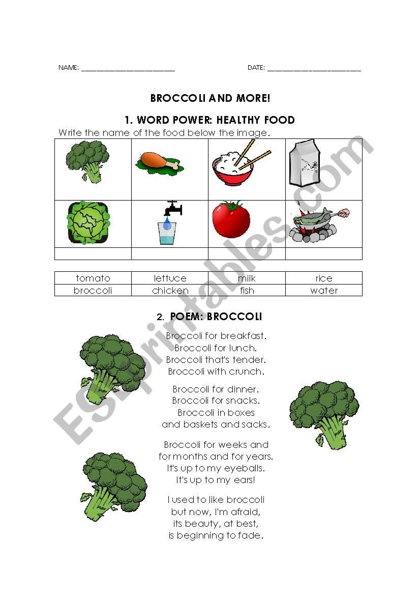 FOOD: BROCCOLI AND MORE worksheet