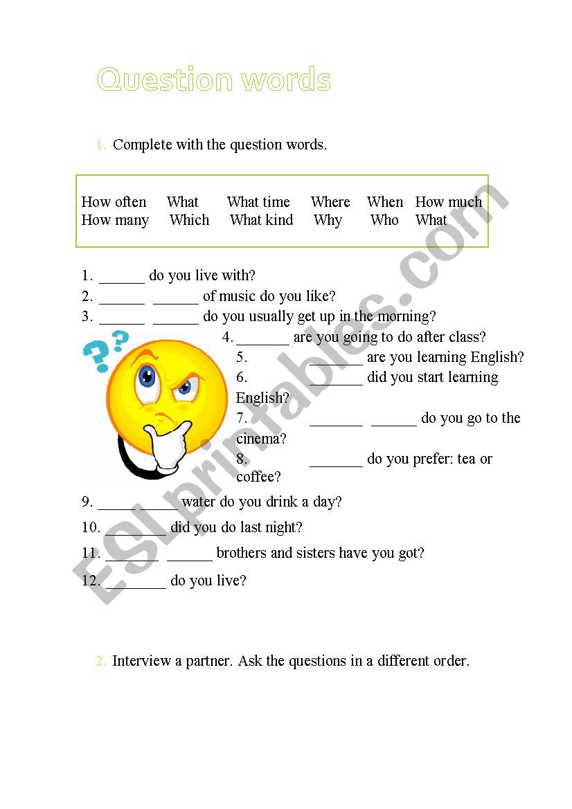 question words worksheet