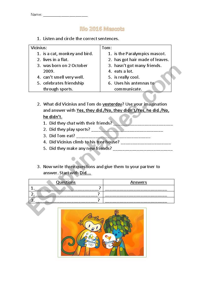 Rio 2016 Mascots worksheet