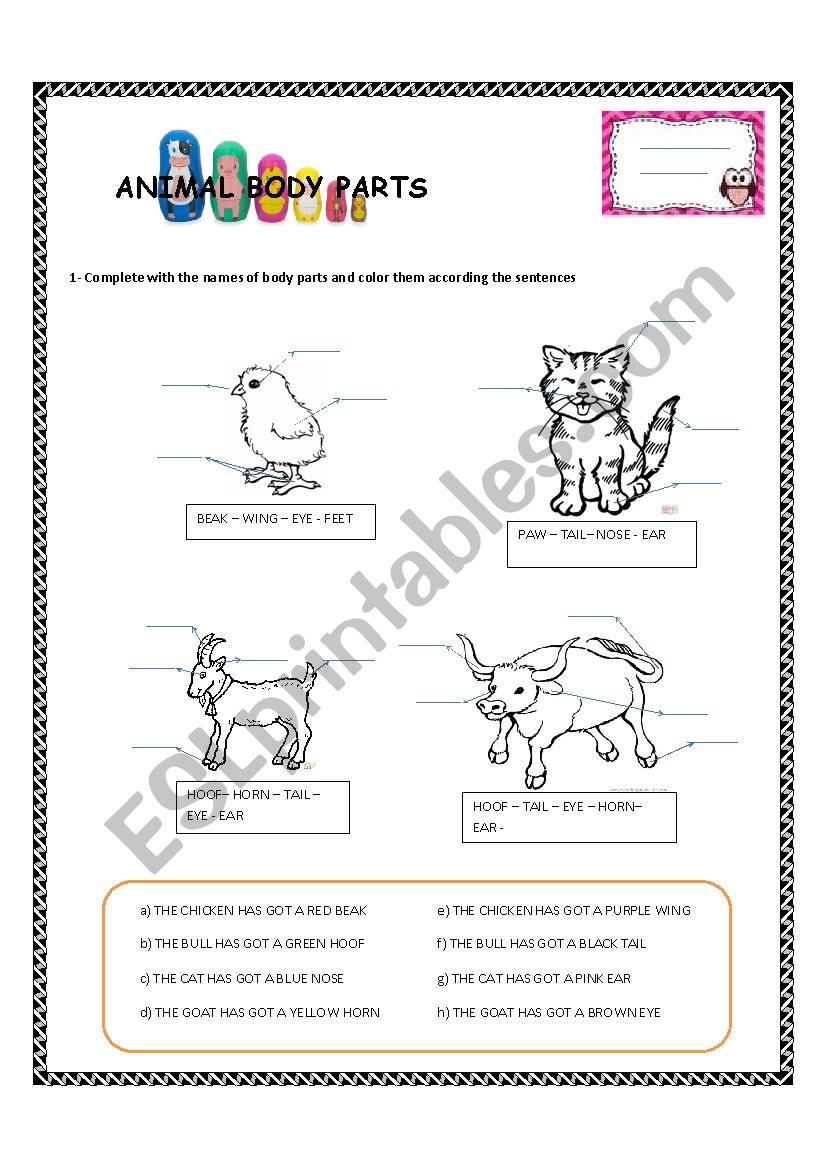 farm animals, body parts worksheet