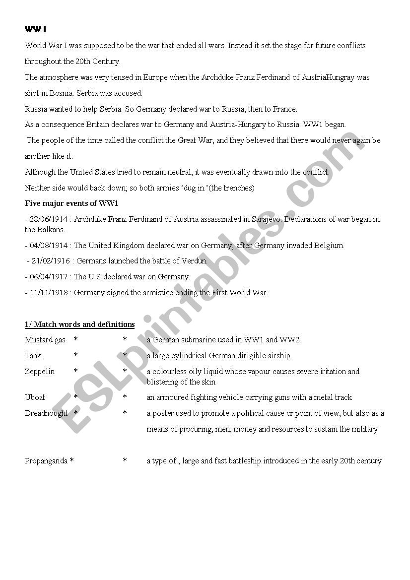 WW1 the conflict worksheet