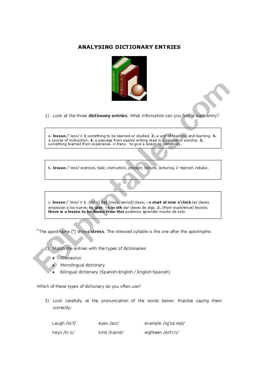 analysing dictionary entries worksheet