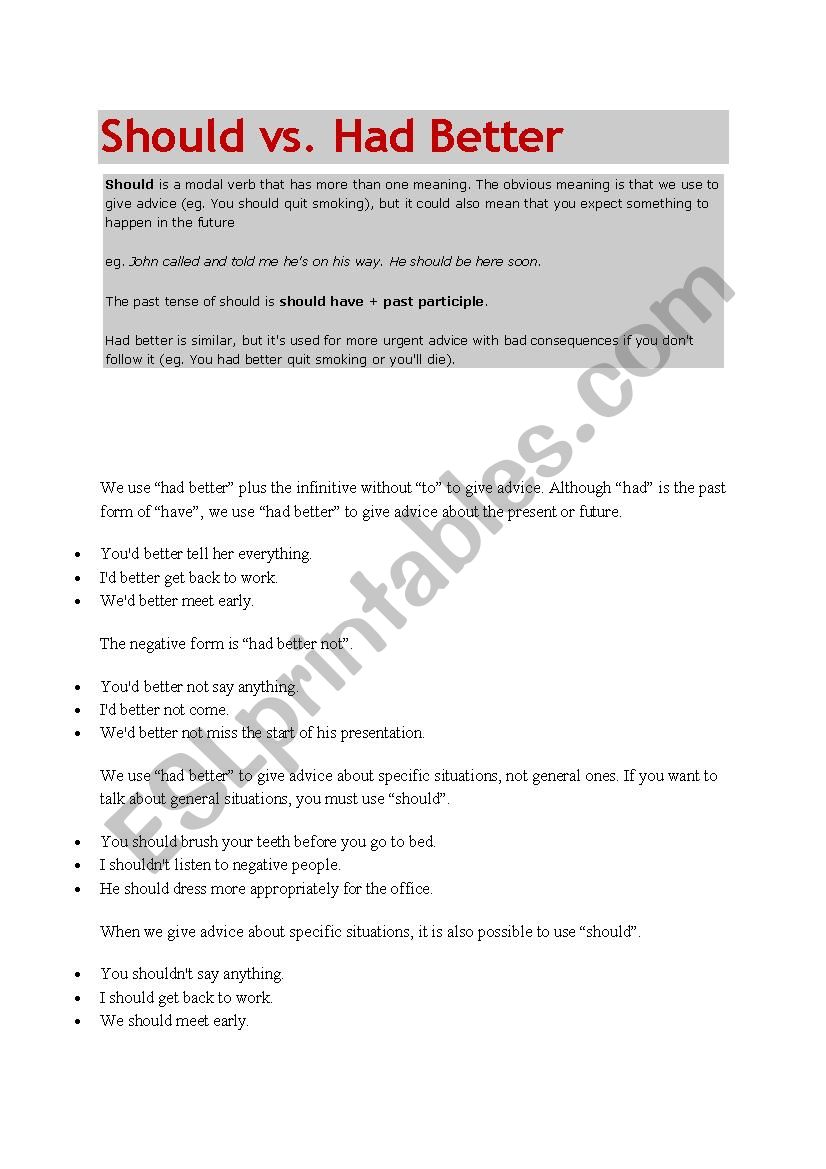 Had batter vs should worksheet