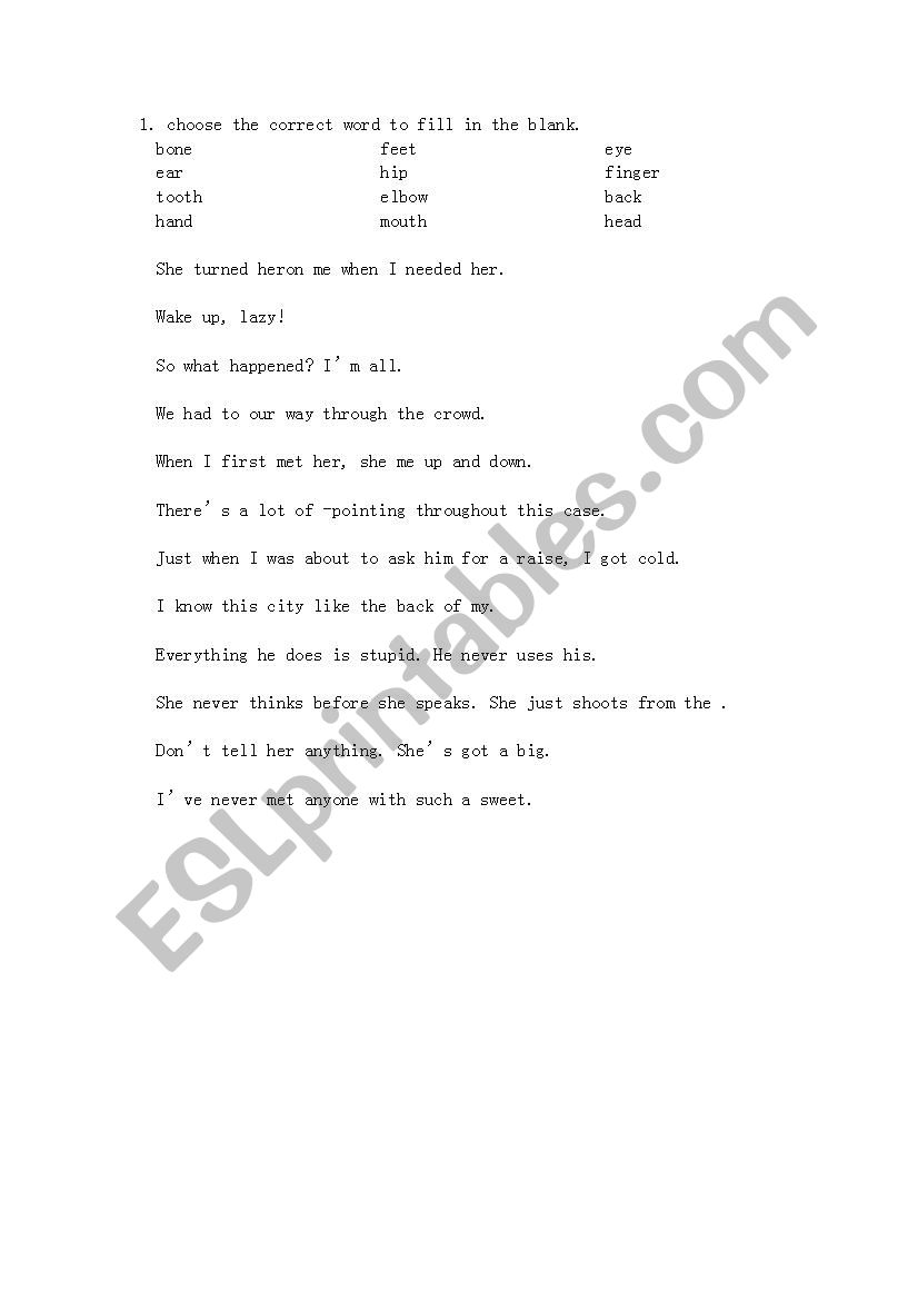 body parts-slangs-exercise worksheet