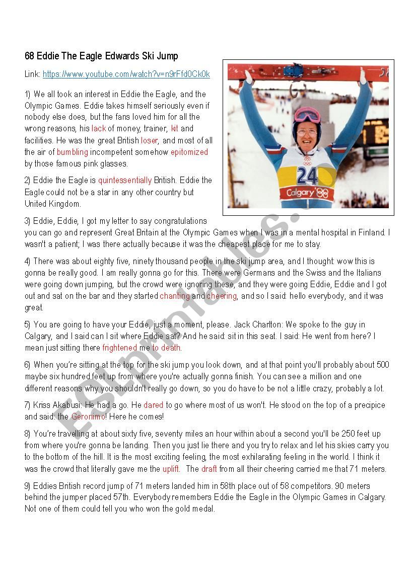 Eddie the Eagle, Ski Jumper worksheet