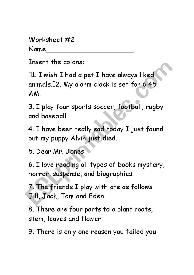 Semicolon And Colon Worksheet E Street Light