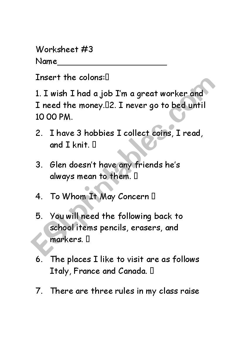 Colon worksheet