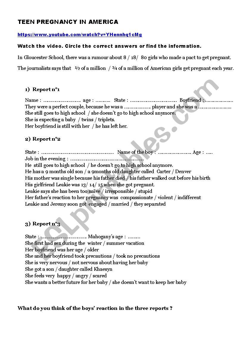 Teenage pregnancy in the USA worksheet