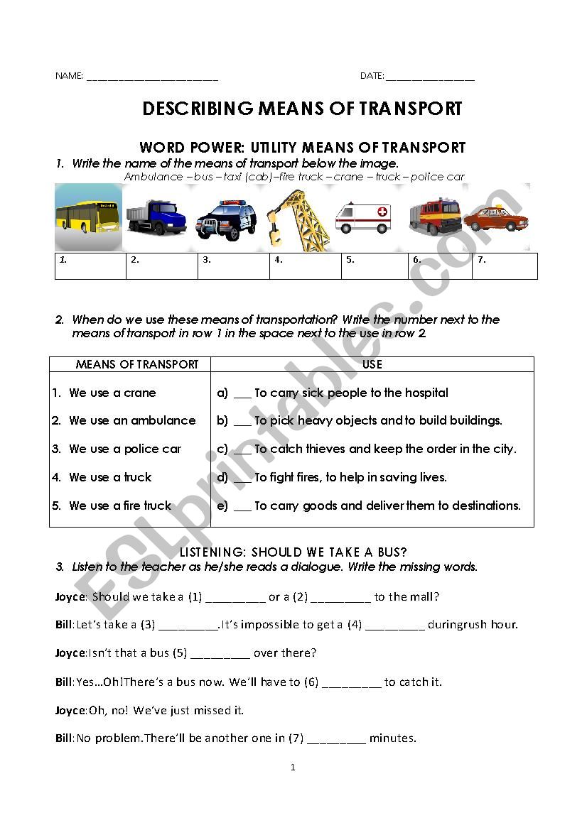 DESCRIBING MEANS OF TRANSPORT worksheet