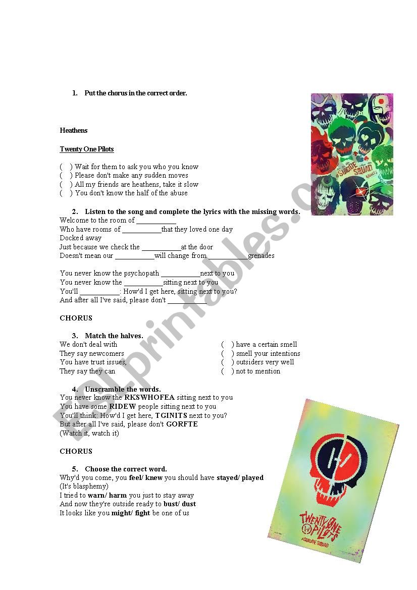 Heathens - Twenty One Pilots worksheet