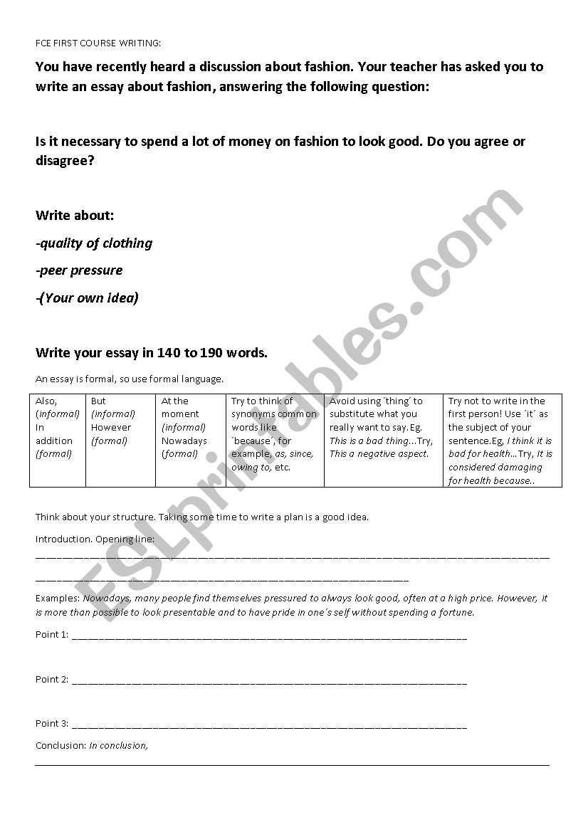 FCE Essay, Fashion worksheet