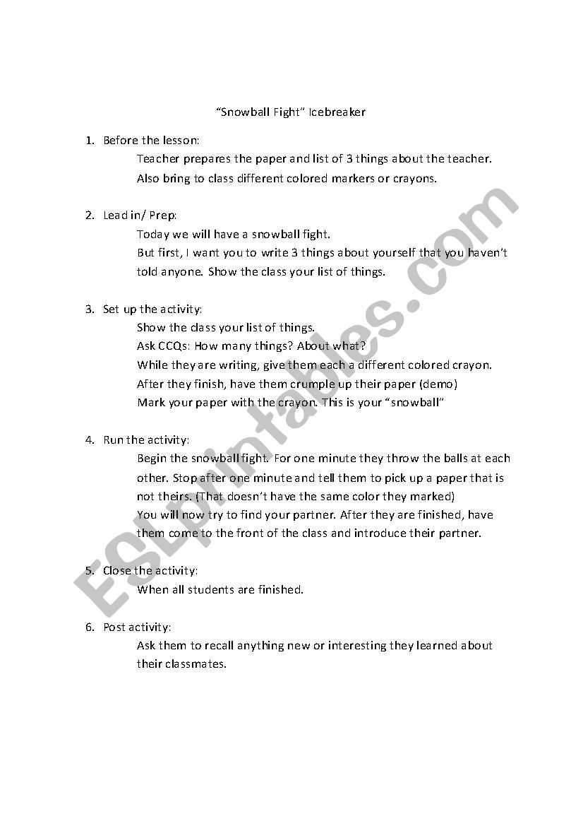 Snowball Fight Icebreaker worksheet
