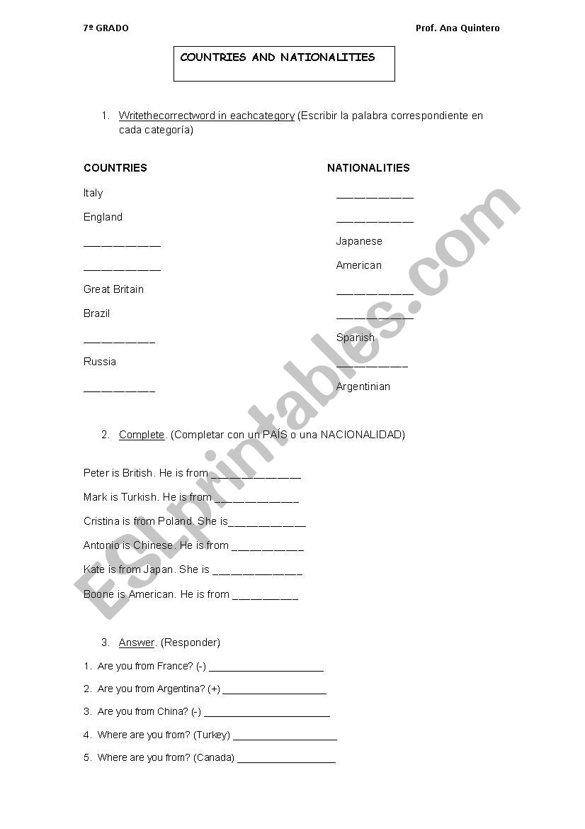 Countries and Nationalities worksheet