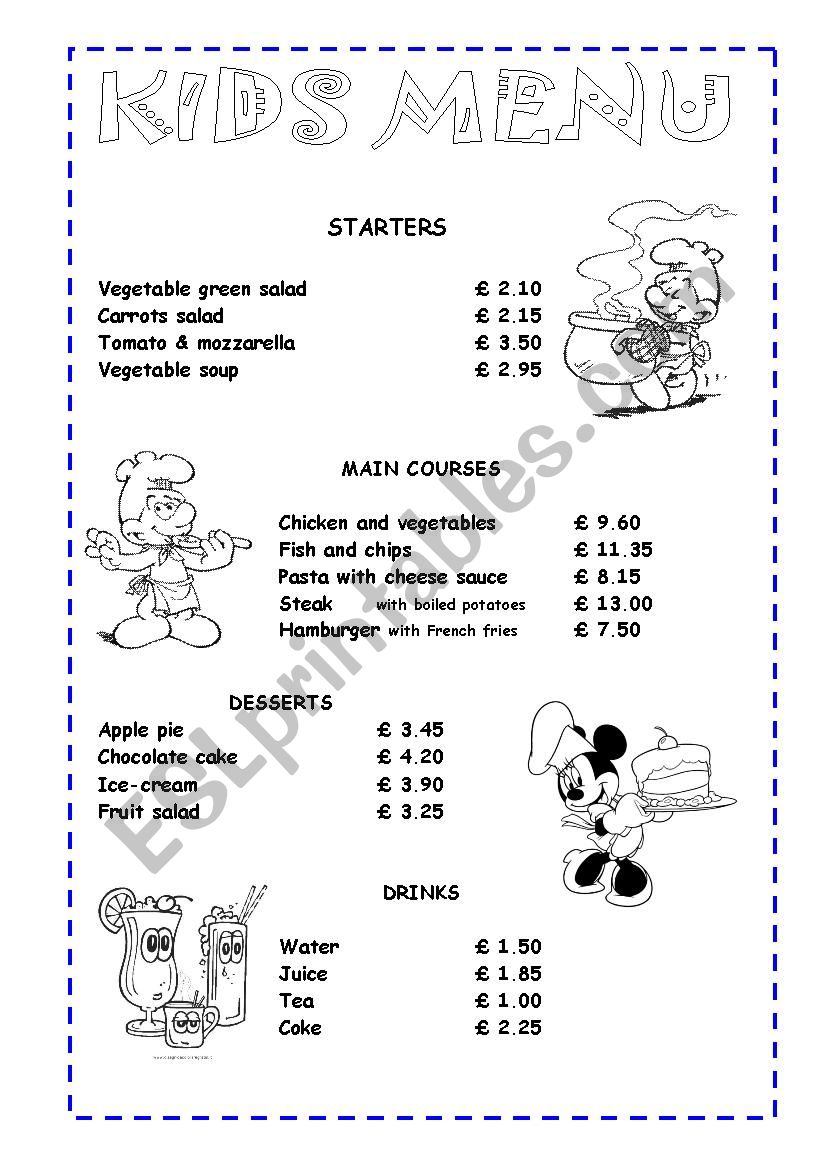 Kids menu worksheet