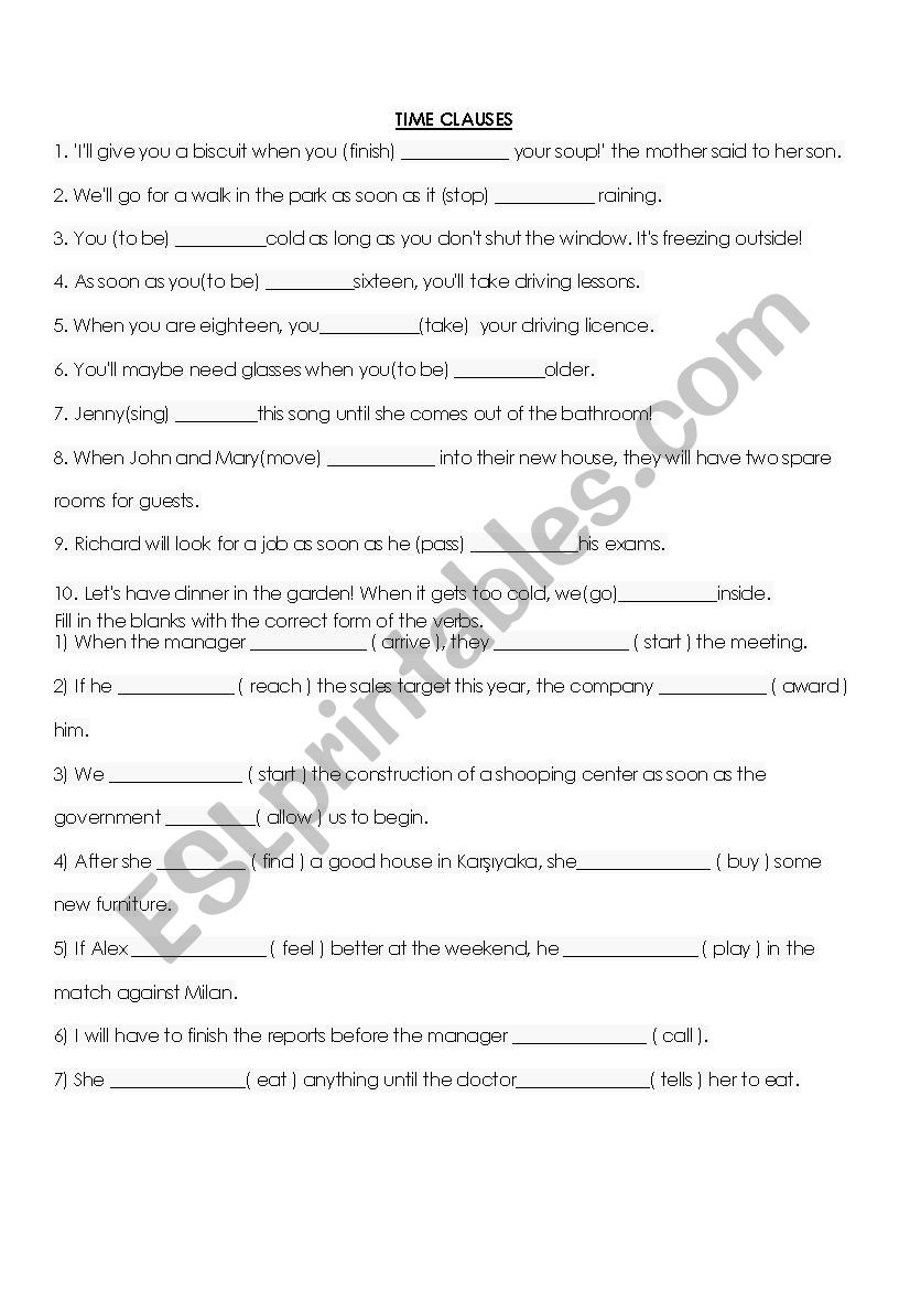 TIME CLAUSES worksheet