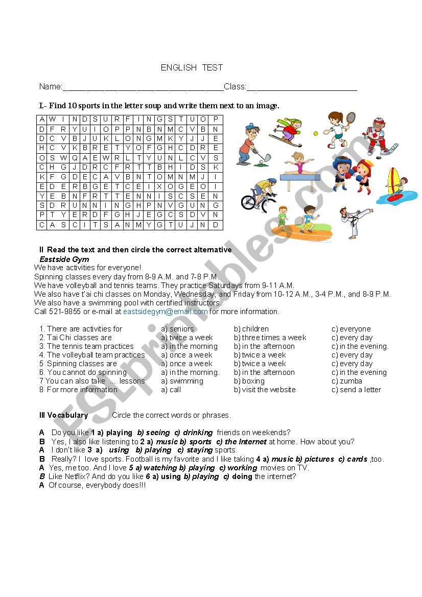Test - Free Time Activities worksheet