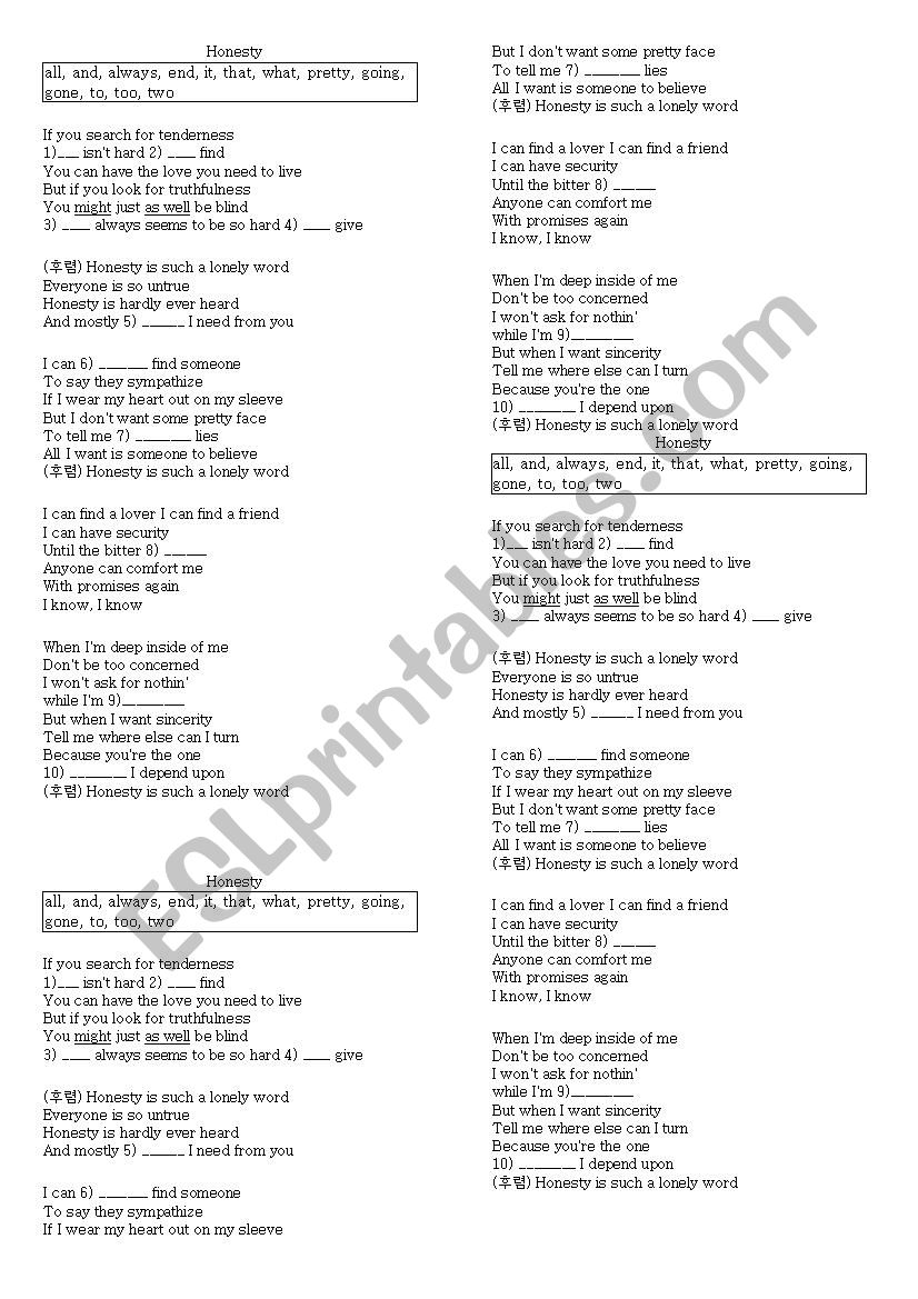 Honesty: Pop Song Cloze Test worksheet