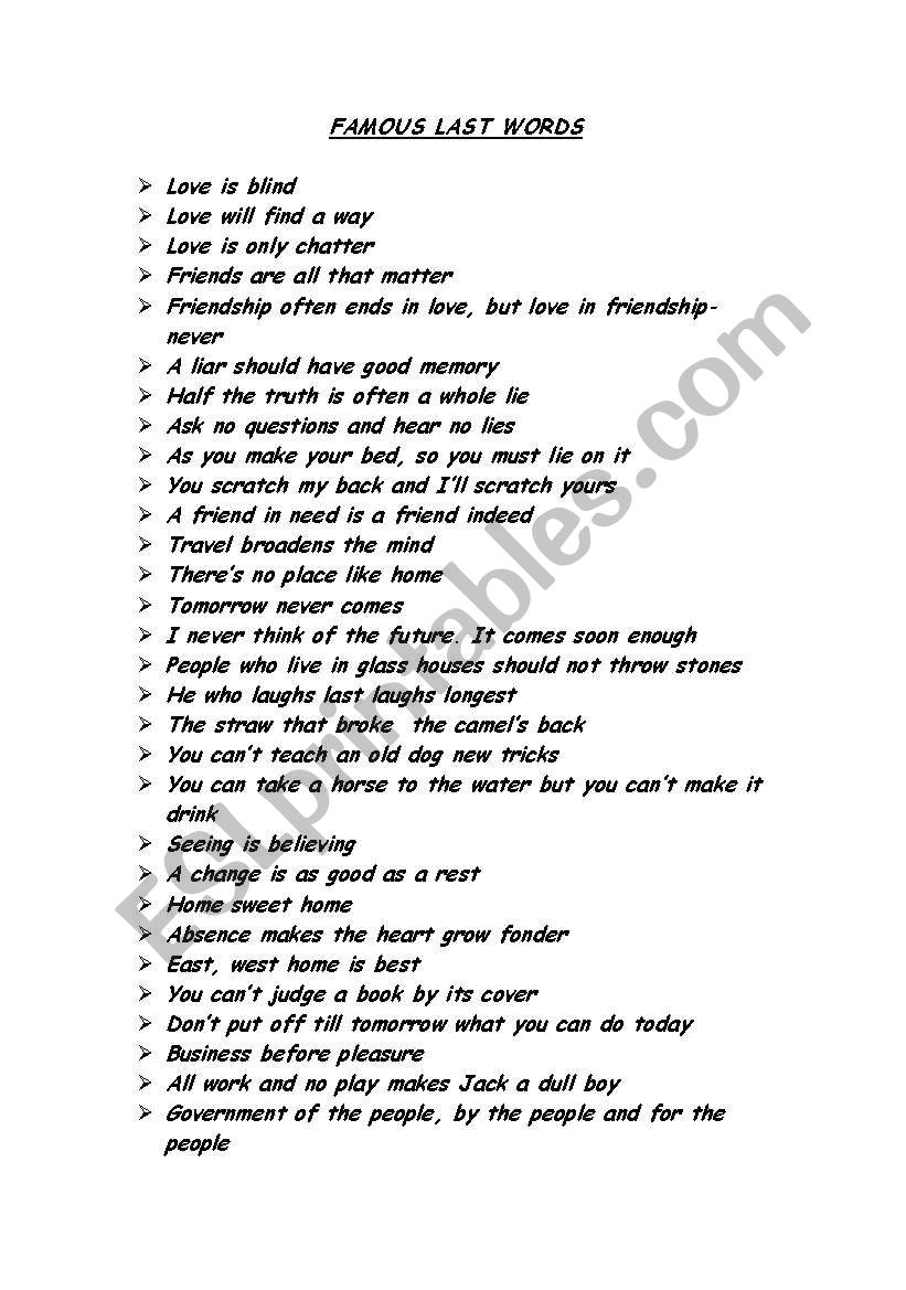 famous last words worksheet