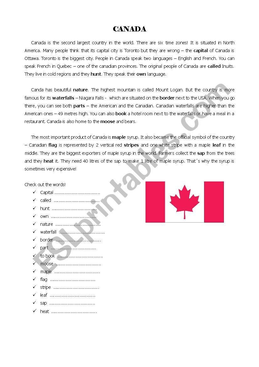 Canada - reading worksheet