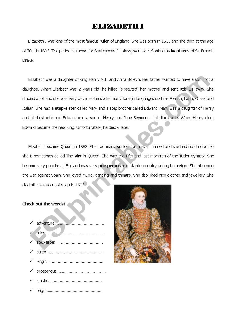 Elizabeth I - reading worksheet