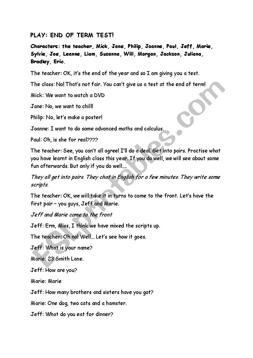 A short skit worksheet