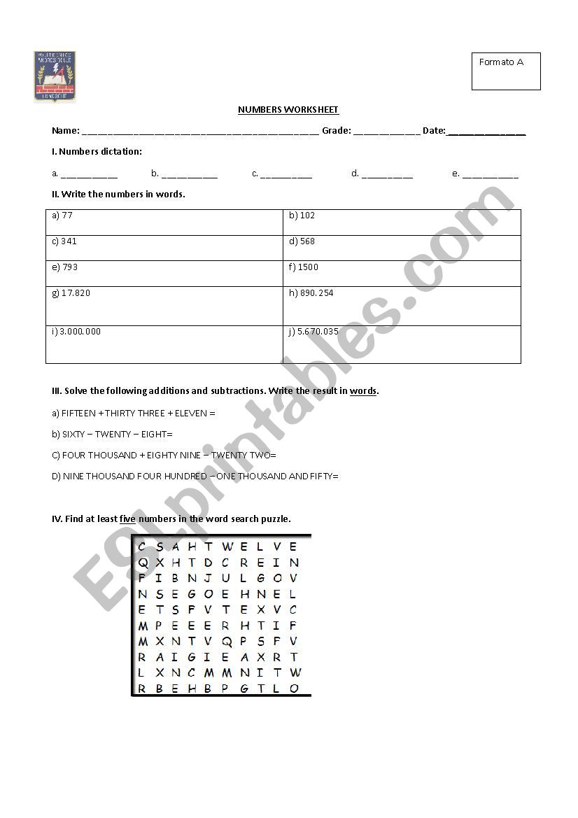 Numbers worksheet