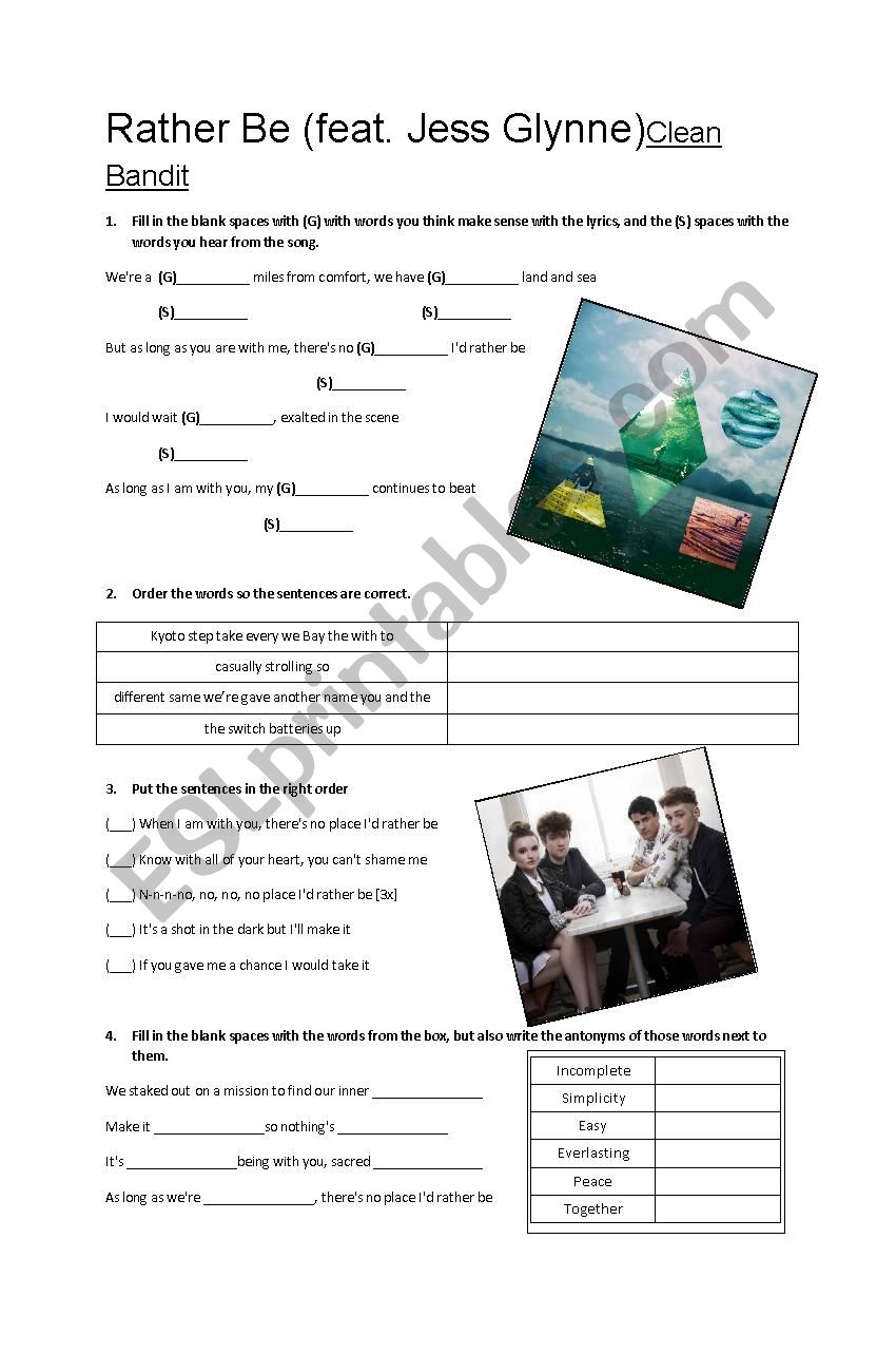 Song Worksheet - Rather Be by Clean Bandit