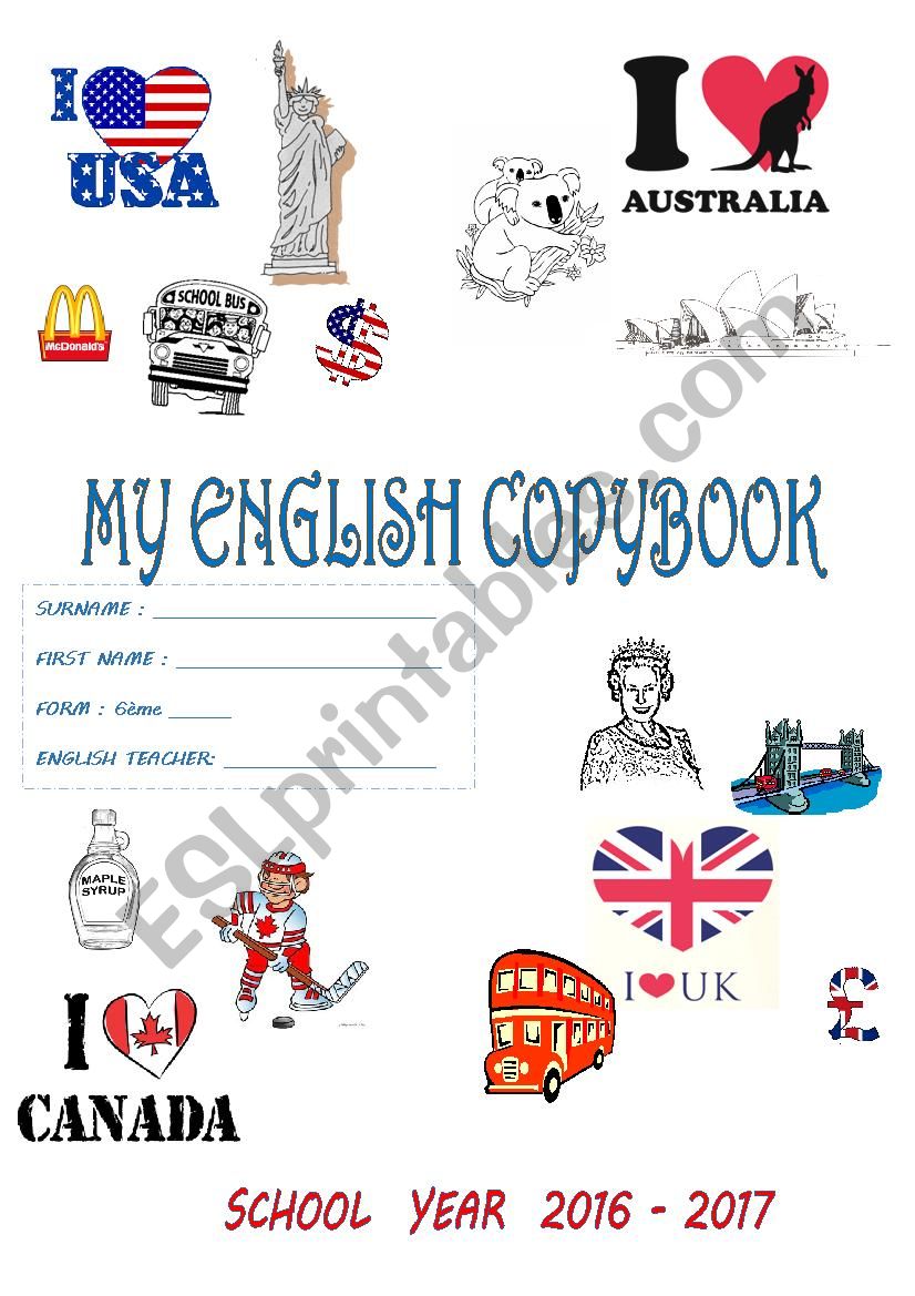 English copybook cover worksheet