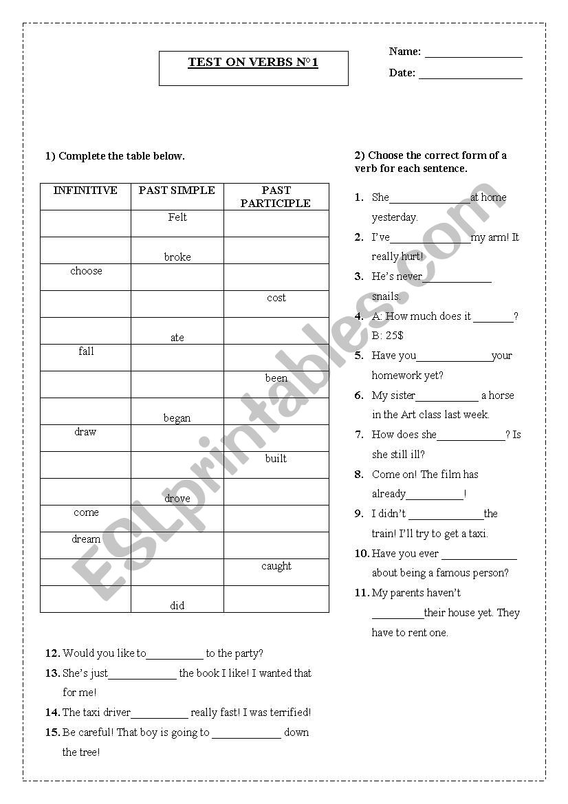 TEST ON VERBS N1 worksheet