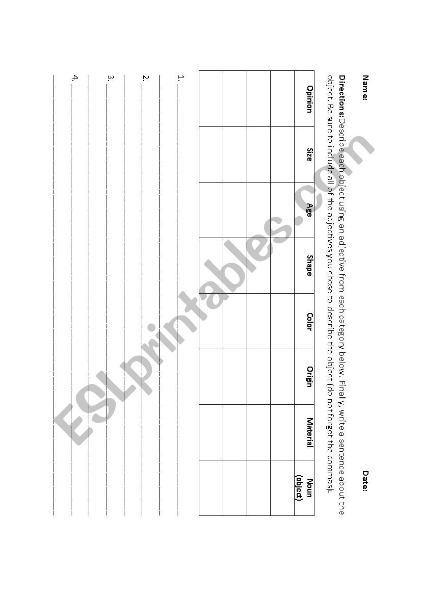 Adjective Origins Chart worksheet