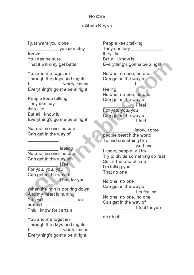 No one alicia keys - song worksheet