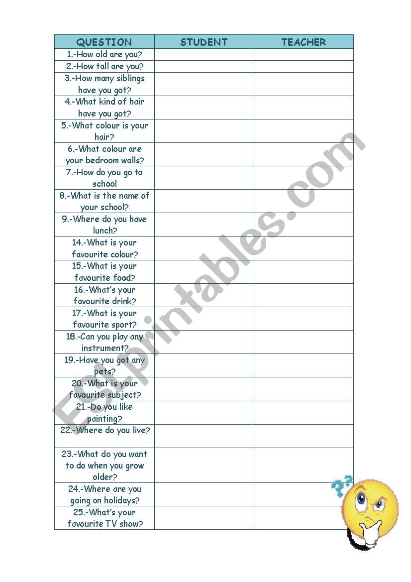 Questions answering exercise worksheet