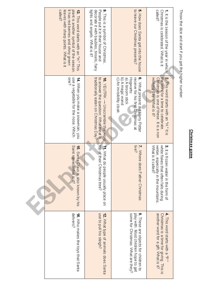 Xmas game worksheet