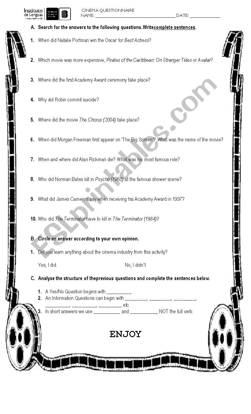 CINEMA QUESTIONNAIRE worksheet