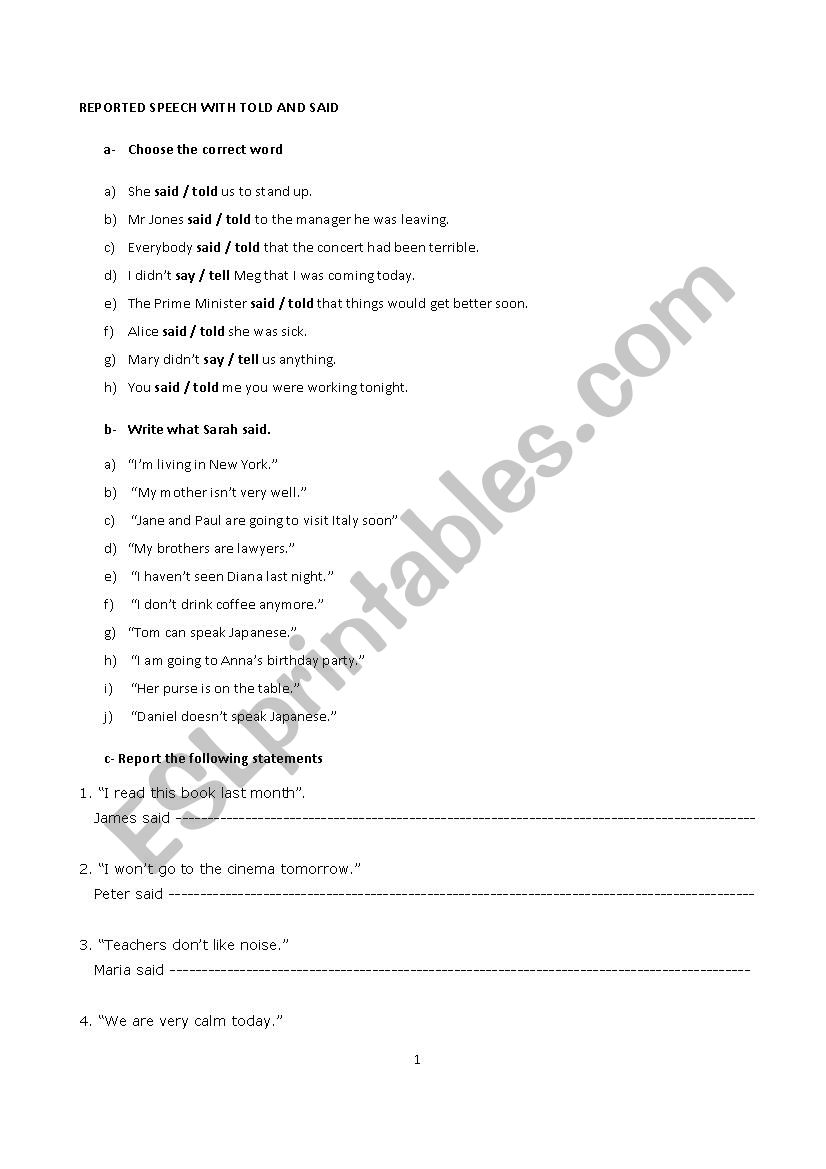 Reported Speech  worksheet