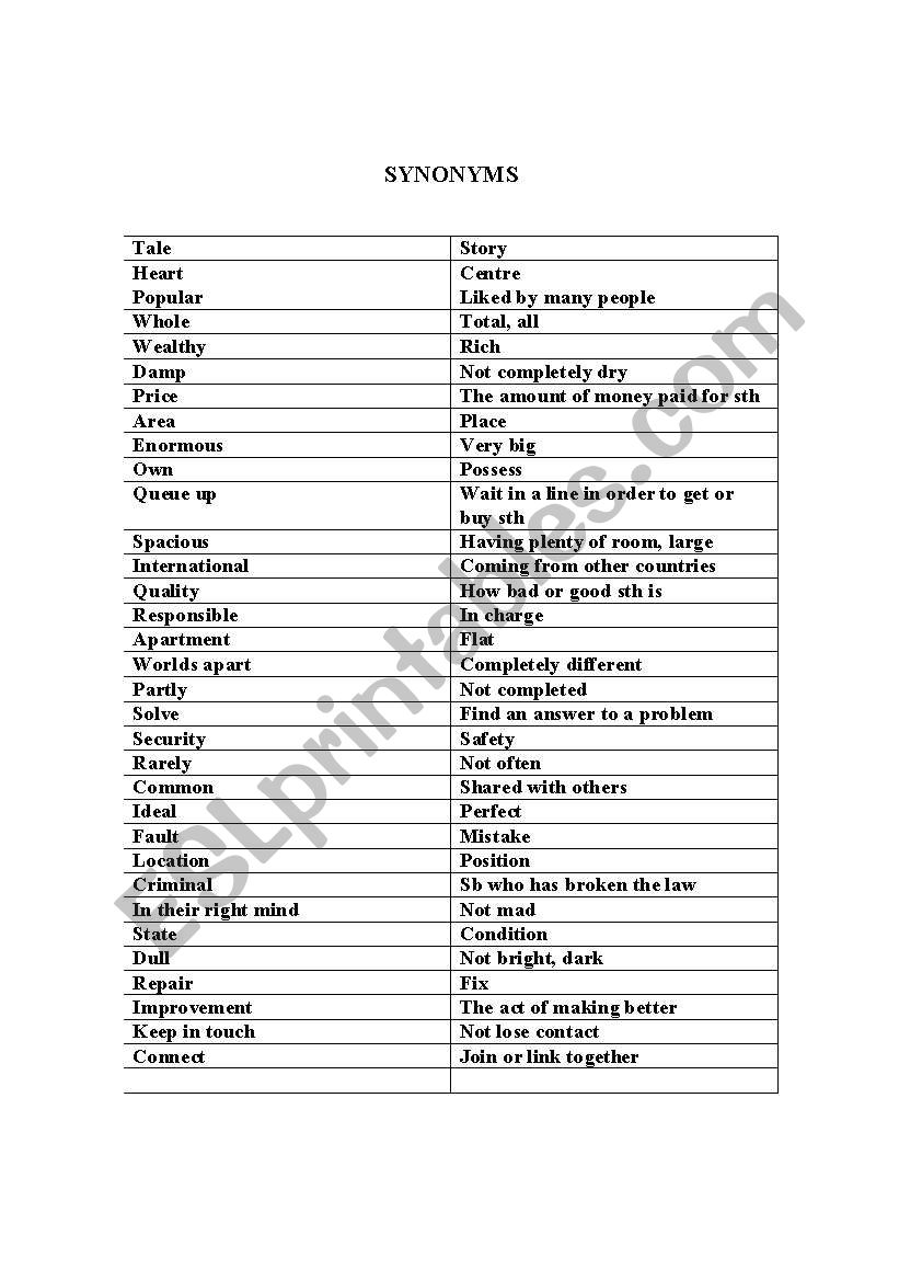 synonyms worksheet