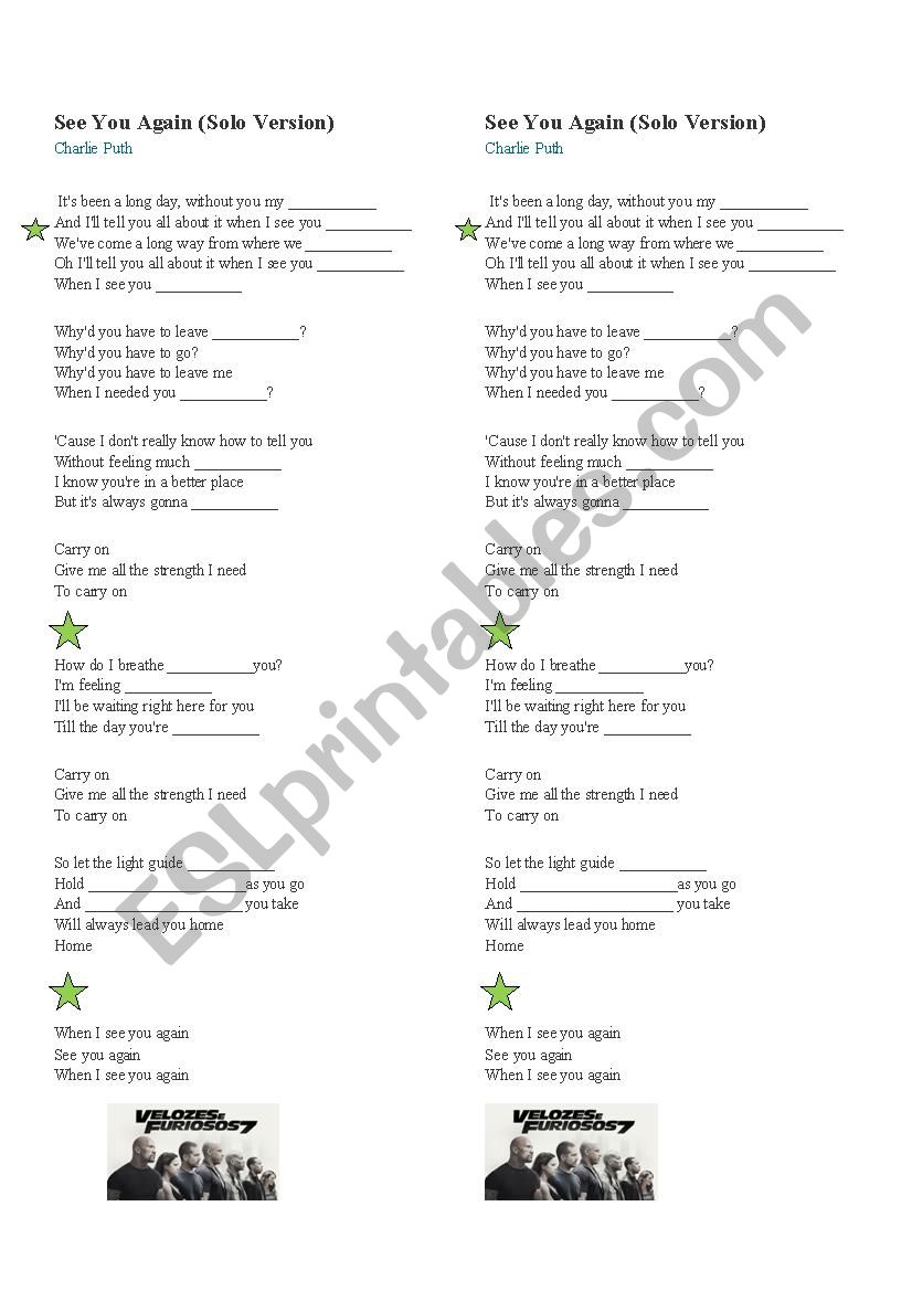 Song - See you again - Solo worksheet