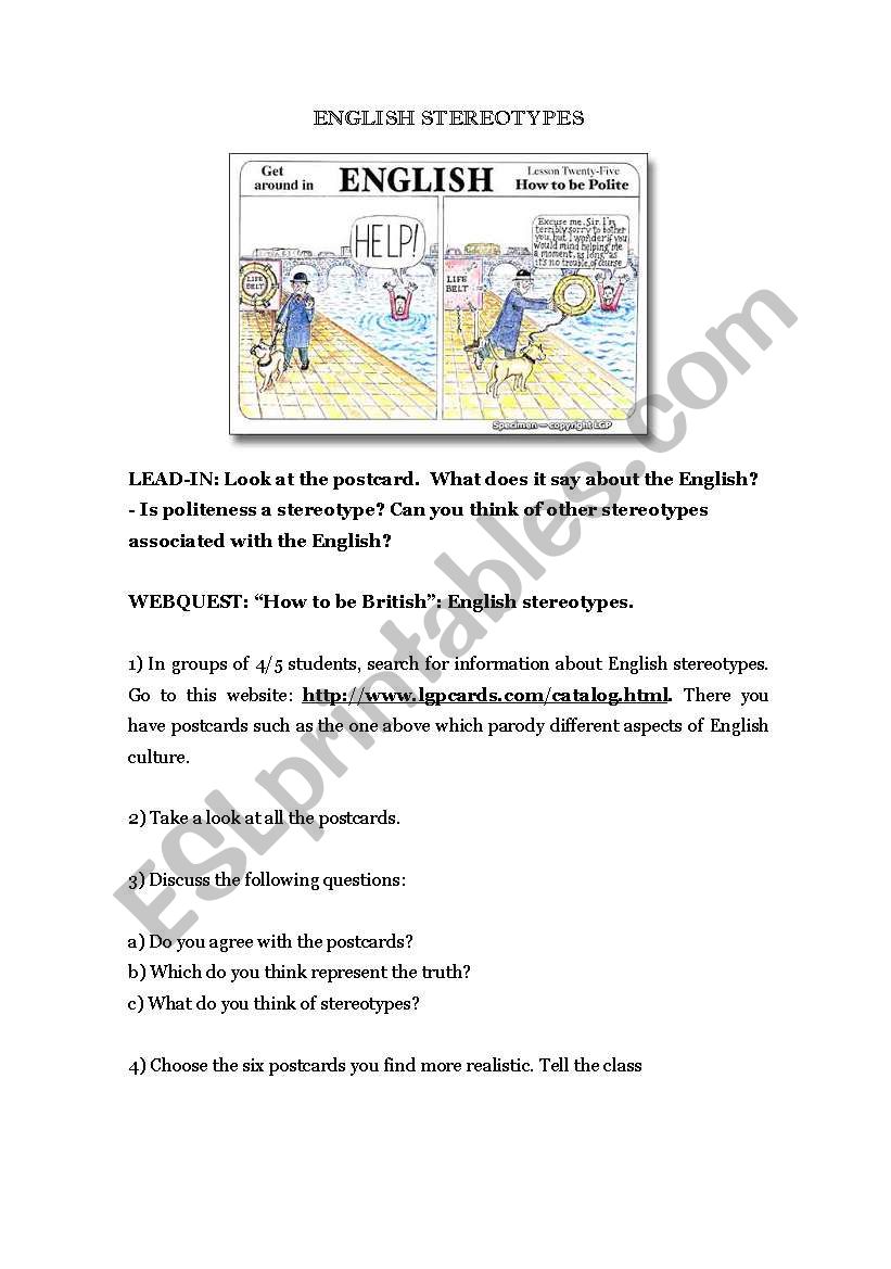 webquest: English stereotypes worksheet