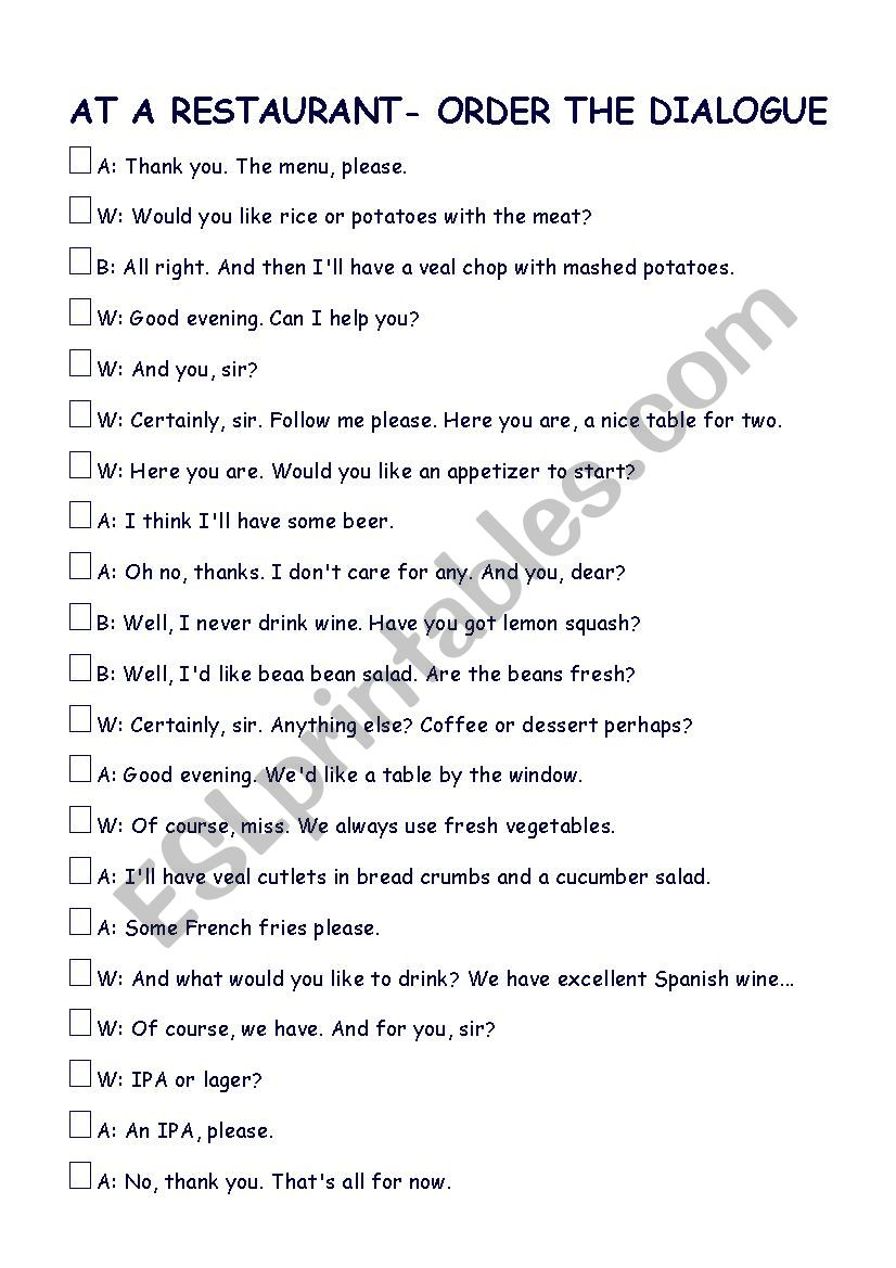RESTAURANT ENGLISH- ORDER THE DIALOGUE