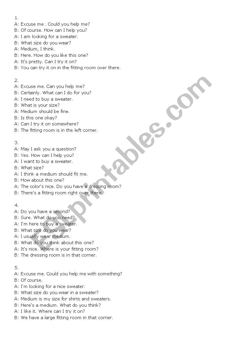 Shopping conversations worksheet