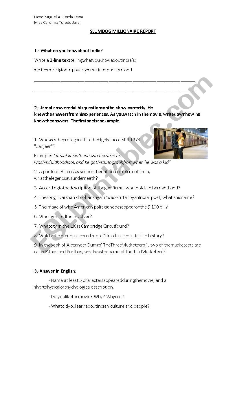 Slumdog Millionaire Report worksheet