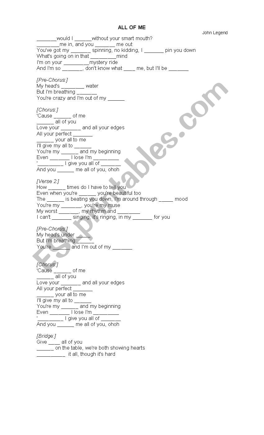 Song: All of Me worksheet