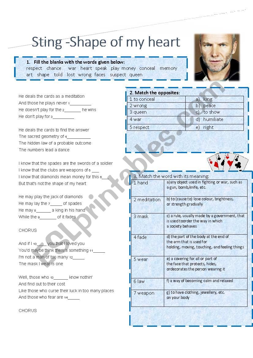 SHAPE OF MY HEART - STING (WORKSHEET)