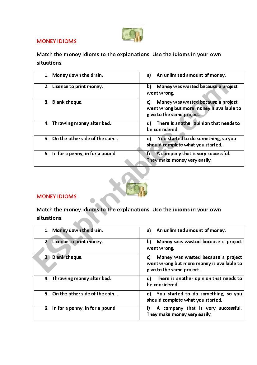 MONEY IDIOMS (a matching exercise) 