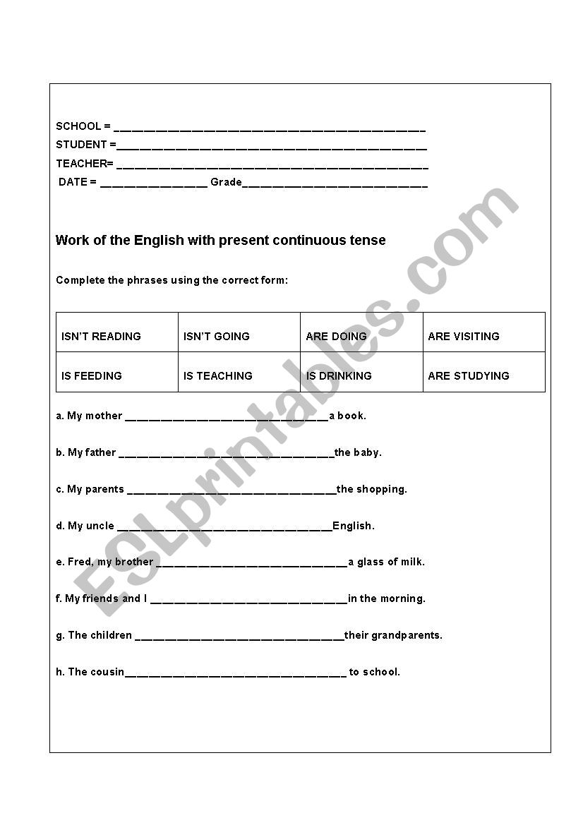 Present Continuous Tense worksheet